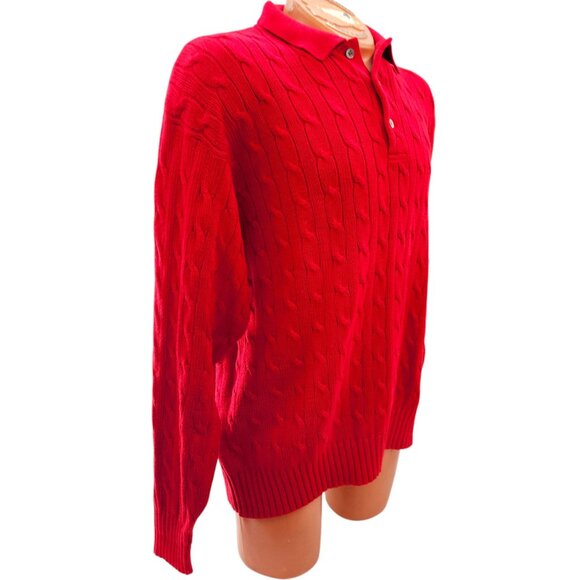 Ralph Lauren Polo Mens Cable Knit Sweater Red Cotton Button Up Long Sleeve Med. - Picture 4 of 12
